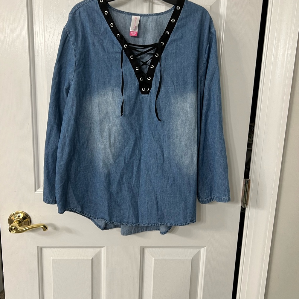 Denim color and Black Lace up top